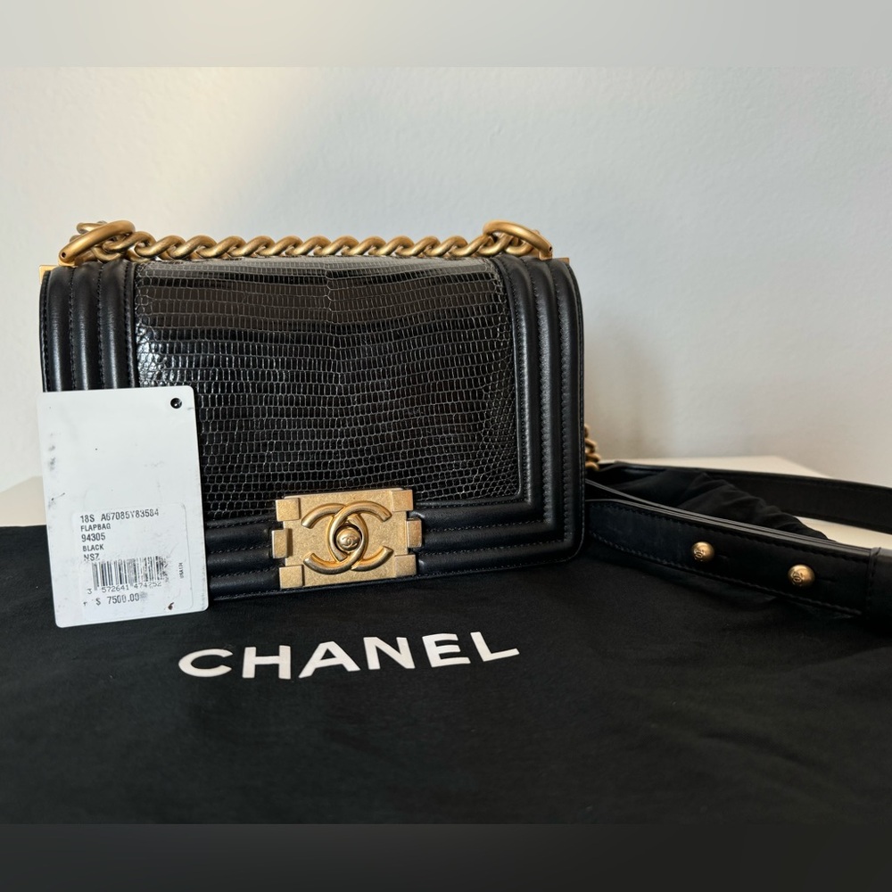 **AUTHENTIC** **MINI** Chanel Black Calfskin and Lizard Skin Boy Bag